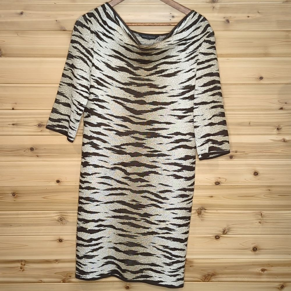 Ming‎ Wang Sweater Dress Petite Small Cowl Neck Brown Animal Print